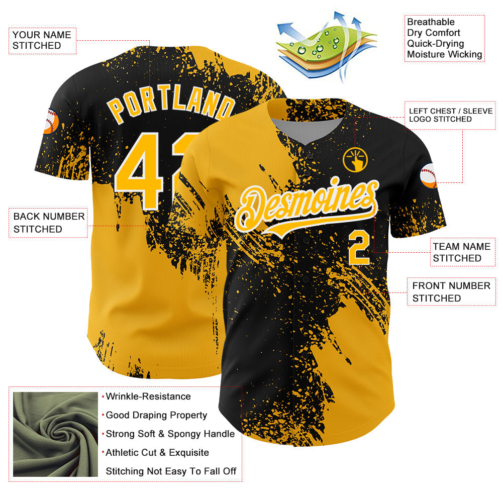 Custom Black Gold-White 3D Pattern Design Abstract Brush Stroke Authentic Baseball Jersey baseball jersey product view 4