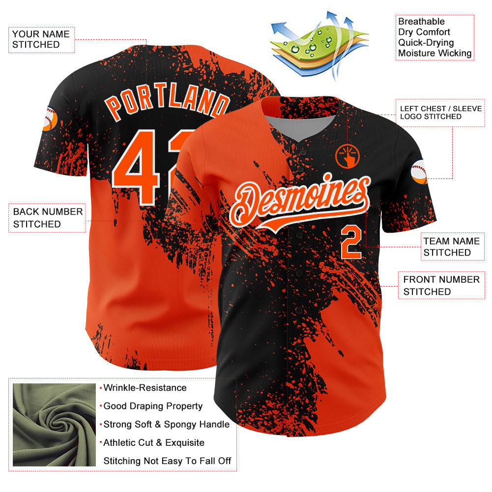 Custom Black Orange-White 3D Pattern Design Abstract Brush Stroke Authentic Baseball Jersey baseball jersey product view 3