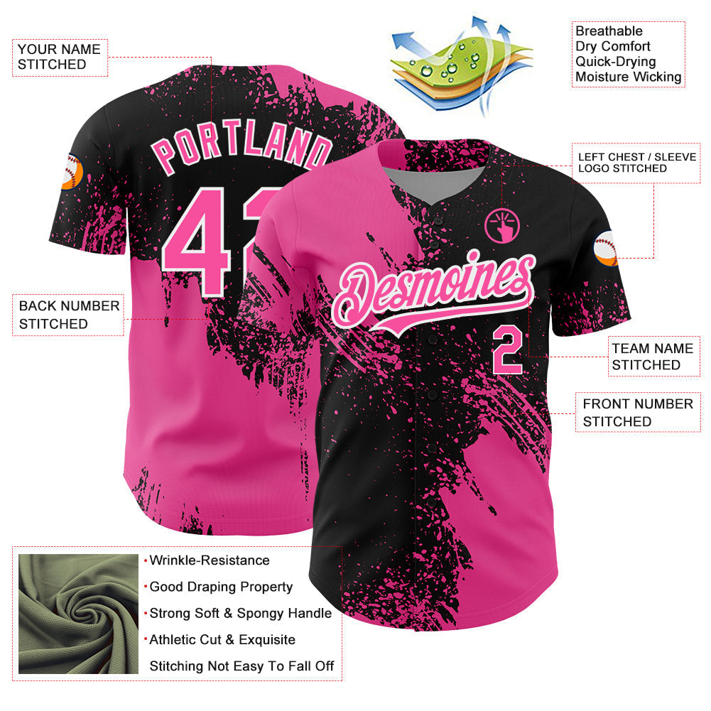 Custom Black Pink-White 3D Pattern Design Abstract Brush Stroke Authentic Baseball Jersey baseball jersey product view 3