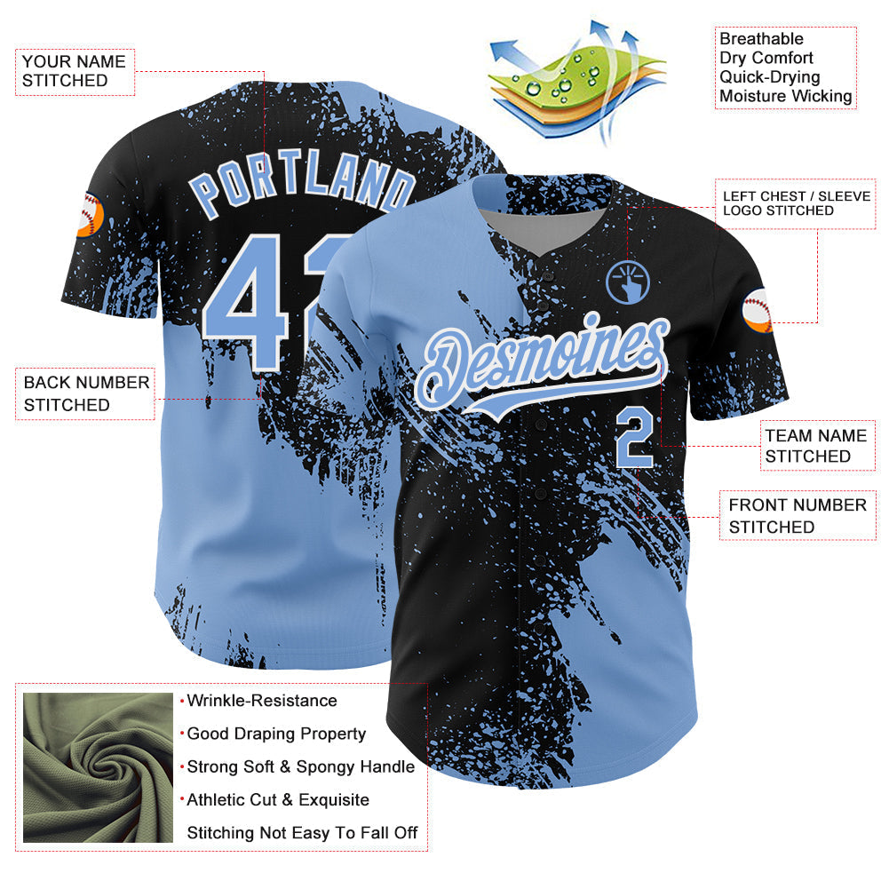 Custom Black Light Blue-White 3D Pattern Design Abstract Brush Stroke Authentic Baseball Jersey baseball jersey product view 3
