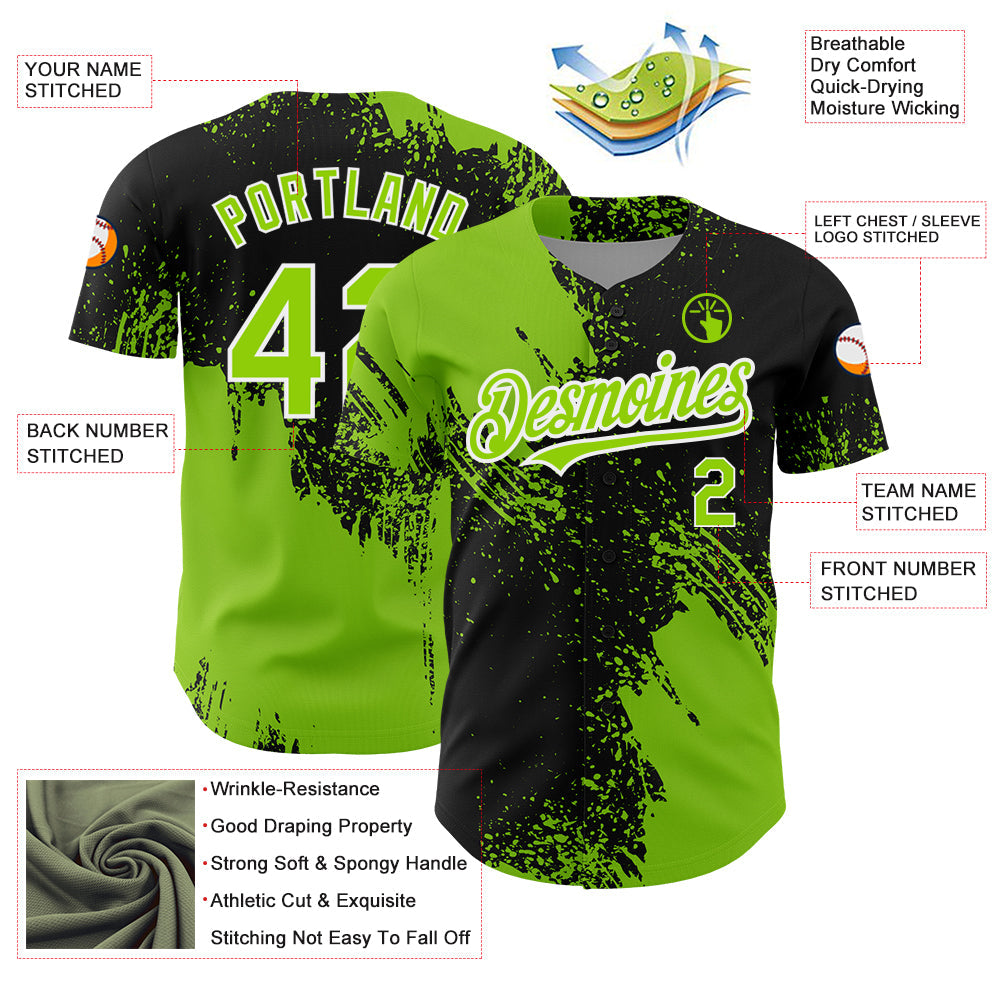 Custom Black Neon Green-White 3D Pattern Design Abstract Brush Stroke Authentic Baseball Jersey baseball jersey product view 3