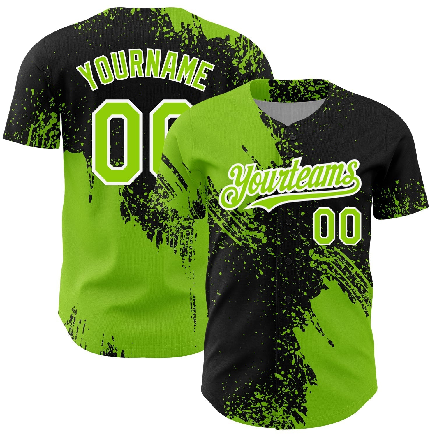 Custom Black Neon Green-White 3D Pattern Design Abstract Brush Stroke Authentic Baseball Jersey baseball jersey product view 1