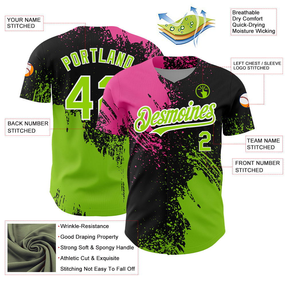 Custom Black Neon Green-Pink 3D Pattern Design Abstract Brush Stroke Authentic Baseball Jersey baseball jersey product view 3