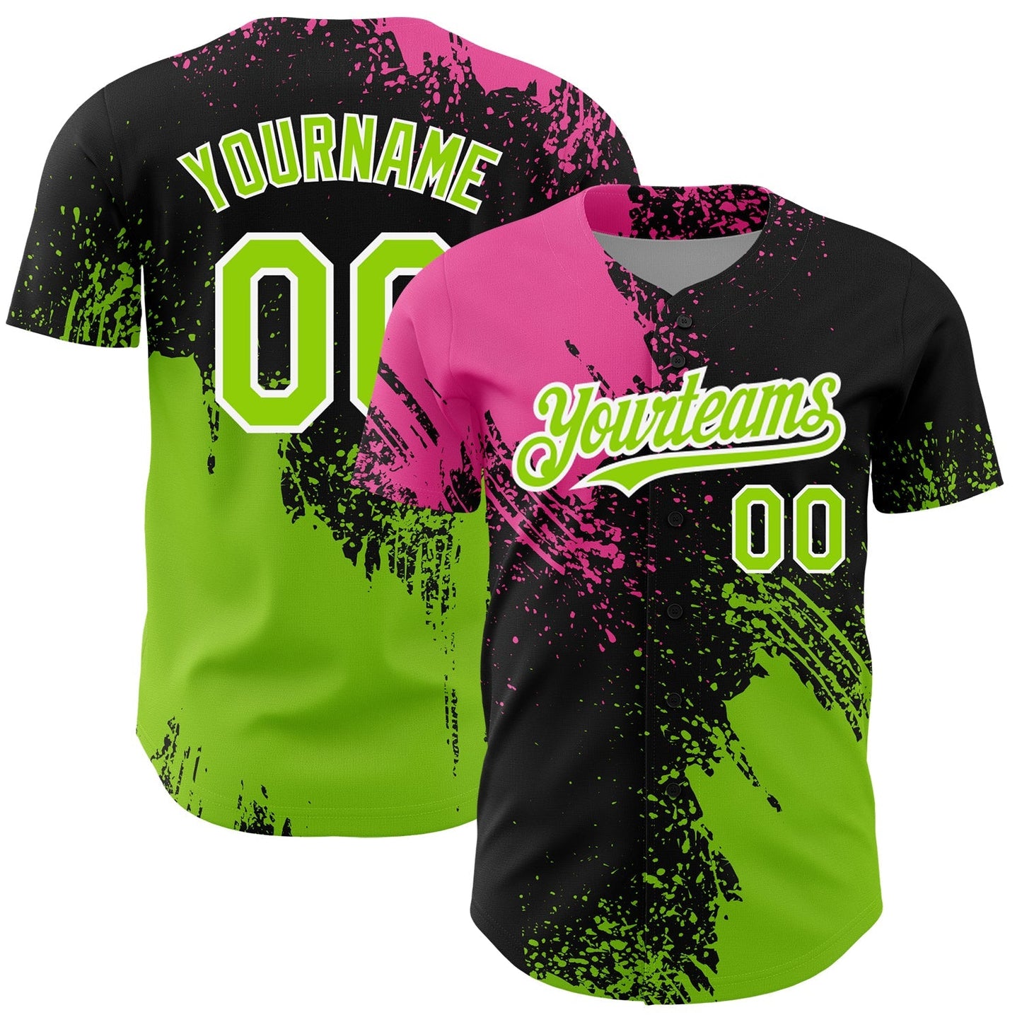 Custom Black Neon Green-Pink 3D Pattern Design Abstract Brush Stroke Authentic Baseball Jersey baseball jersey product view 1