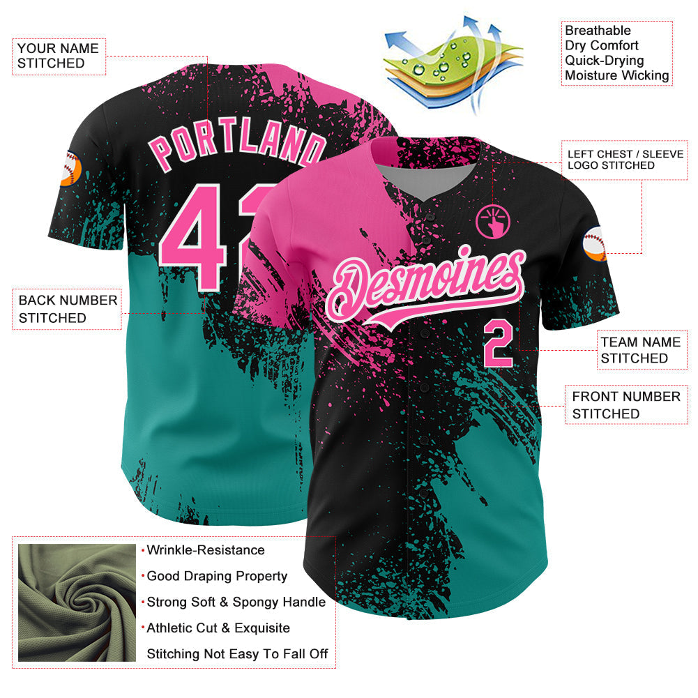 Custom Black Pink-Teal 3D Pattern Design Abstract Brush Stroke Authentic Baseball Jersey baseball jersey product view 3