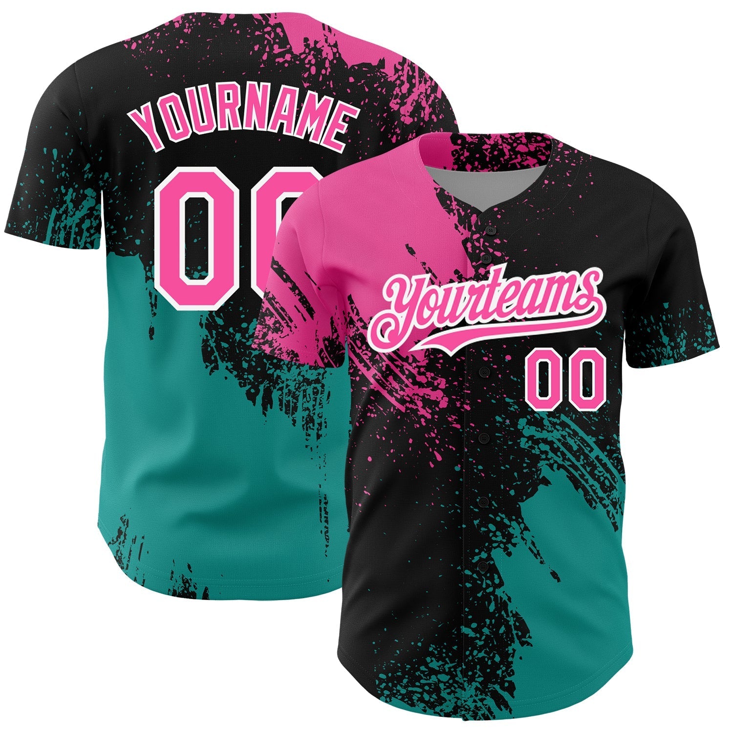 Custom Black Pink-Teal 3D Pattern Design Abstract Brush Stroke Authentic Baseball Jersey baseball jersey product view 1