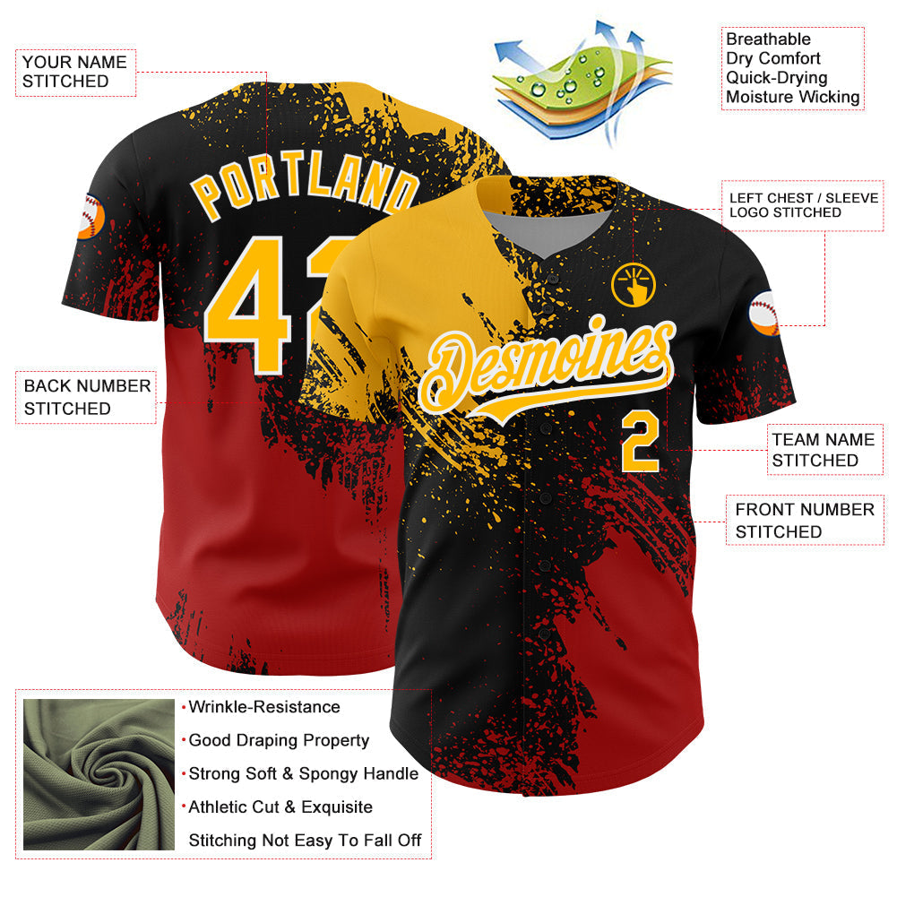 Custom Black Gold-Red 3D Pattern Design Abstract Brush Stroke Authentic Baseball Jersey baseball jersey product view 3