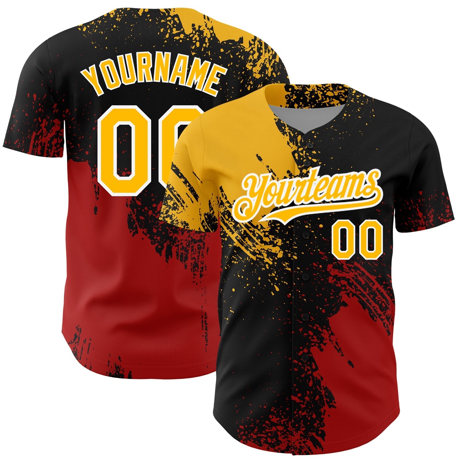 Custom Black Gold-Red 3D Pattern Design Abstract Brush Stroke Authentic Baseball Jersey baseball jersey product view 1