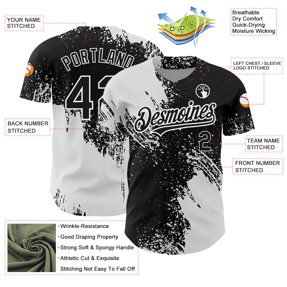 Custom Black White 3D Pattern Design Abstract Brush Stroke Authentic Baseball Jersey baseball jersey product view 3