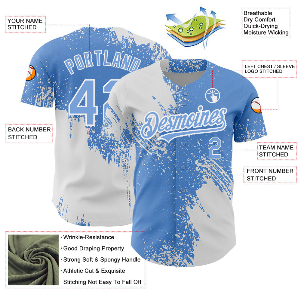Custom Light Blue White 3D Pattern Design Abstract Brush Stroke Authentic Baseball Jersey baseball jersey product view 3