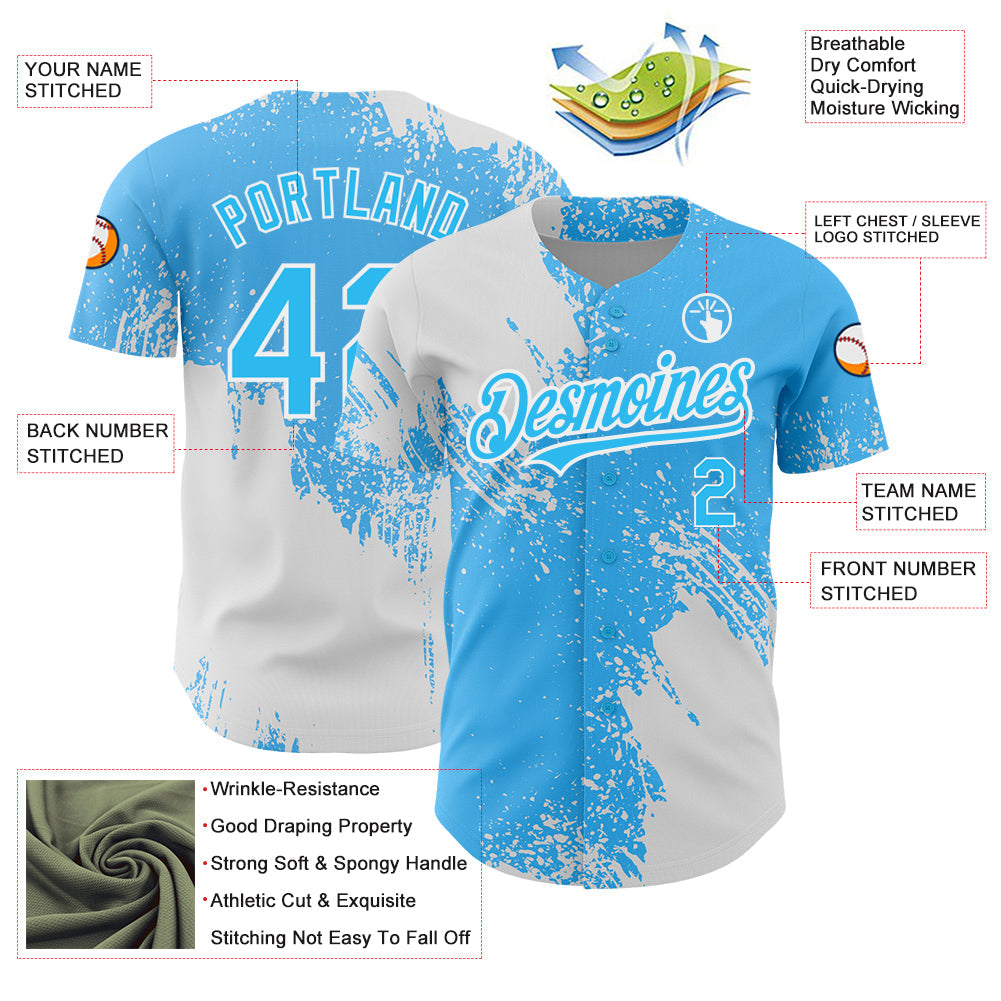 Custom Sky Blue White 3D Pattern Design Abstract Brush Stroke Authentic Baseball Jersey baseball jersey product view 3