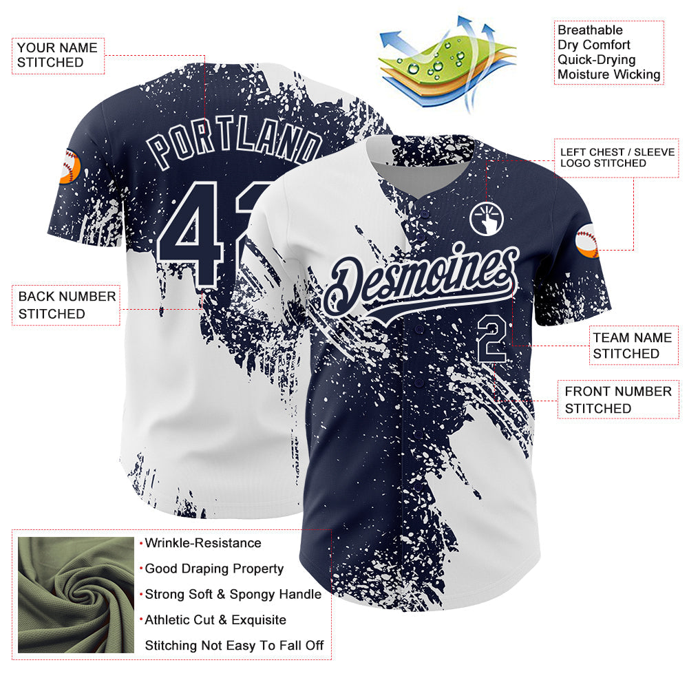 Custom Navy White 3D Pattern Design Abstract Brush Stroke Authentic Baseball Jersey baseball jersey product view 3