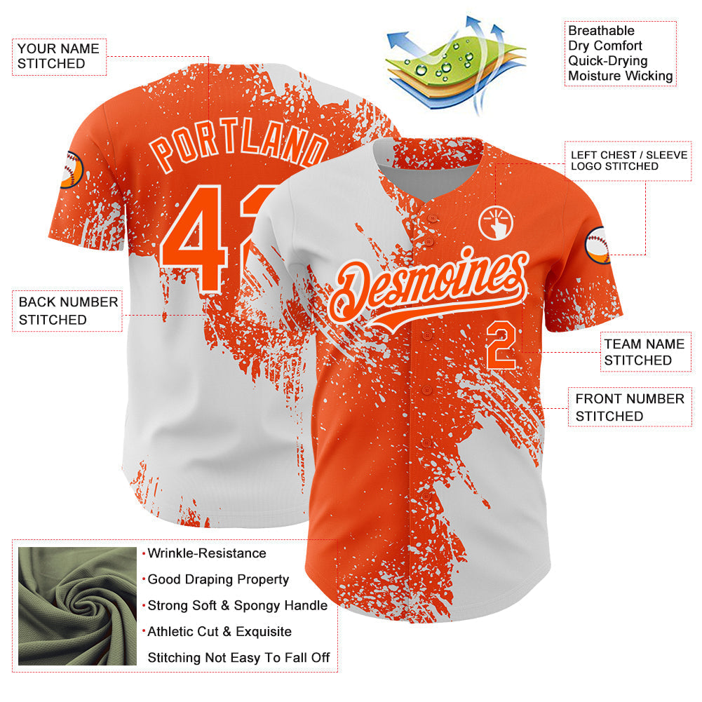 Custom Orange White 3D Pattern Design Abstract Brush Stroke Authentic Baseball Jersey baseball jersey product view 3