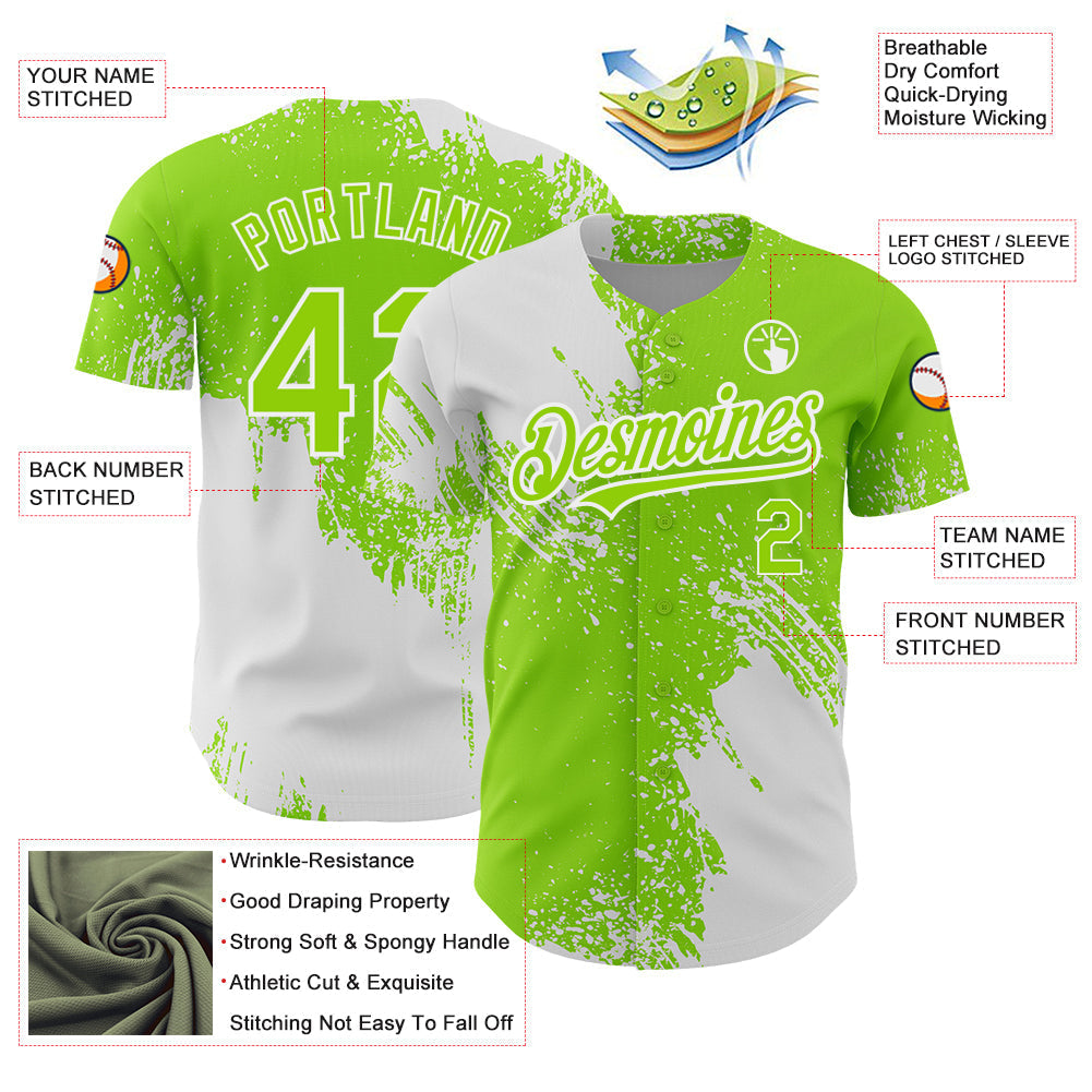 Custom Neon Green White 3D Pattern Design Abstract Brush Stroke Authentic Baseball Jersey baseball jersey product view 3