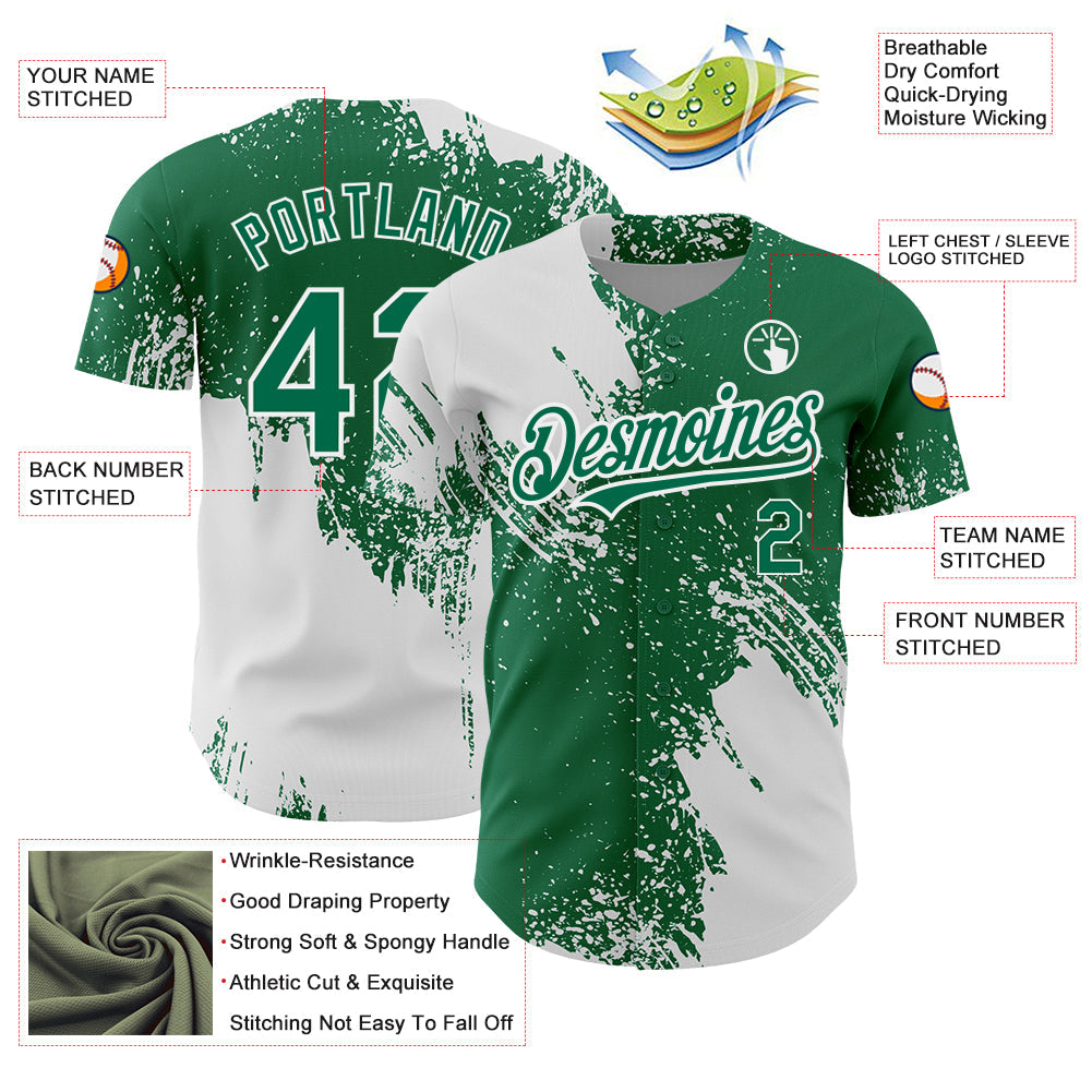 Custom Kelly Green White 3D Pattern Design Abstract Brush Stroke Authentic Baseball Jersey baseball jersey product view 3