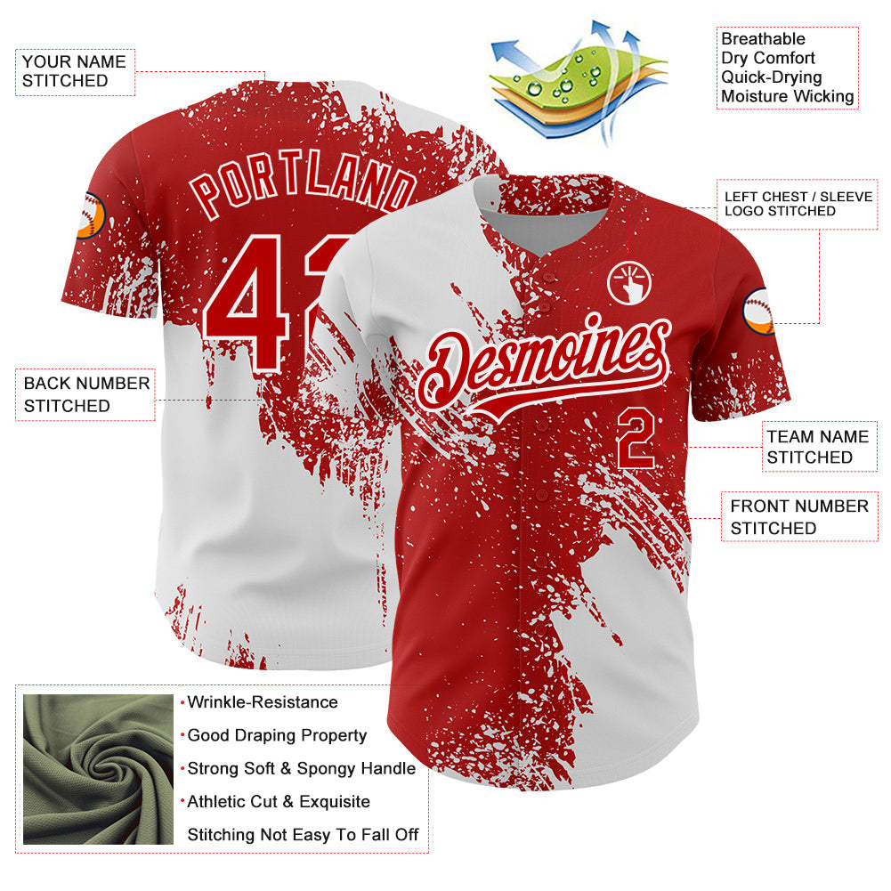 Custom Red White 3D Pattern Design Abstract Brush Stroke Authentic Baseball Jersey baseball jersey product view 3