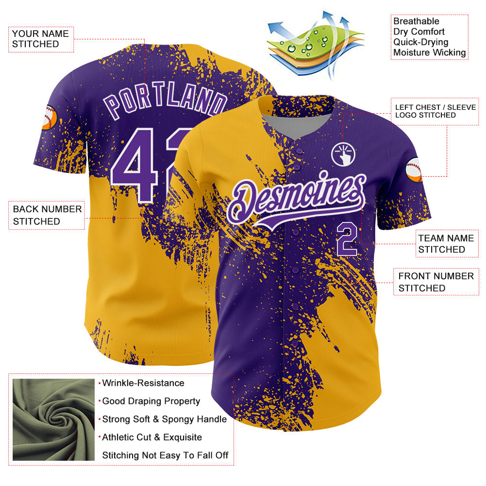Custom Purple Gold-White 3D Pattern Design Abstract Brush Stroke Authentic Baseball Jersey baseball jersey product view 3