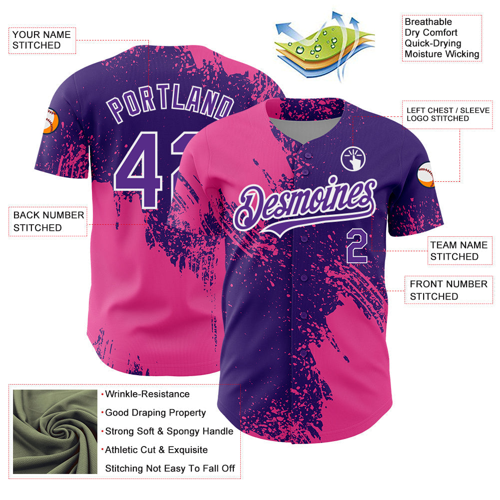 Custom Purple Pink-White 3D Pattern Design Abstract Brush Stroke Authentic Baseball Jersey baseball jersey product view 3