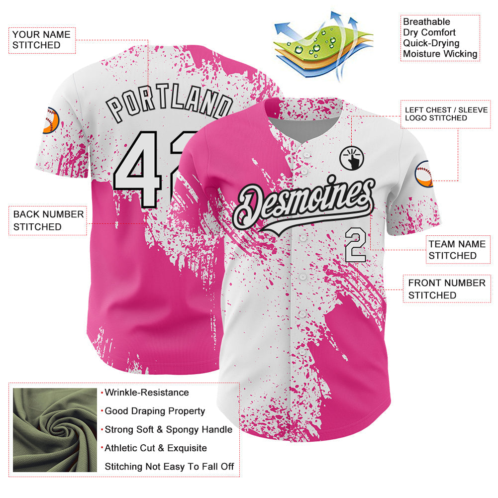 Custom White Pink-Black 3D Pattern Design Abstract Brush Stroke Authentic Baseball Jersey baseball jersey product view 3