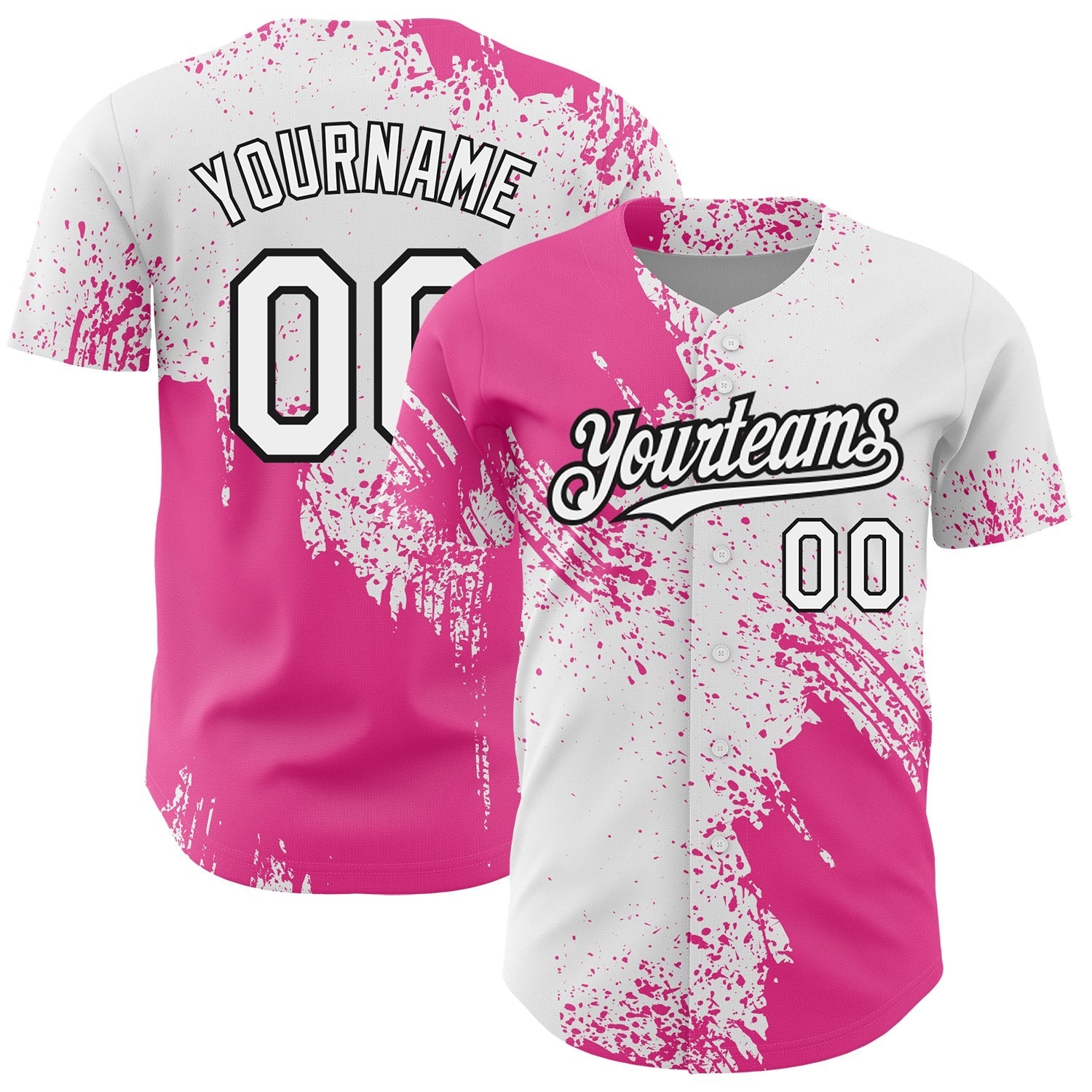 Custom White Pink-Black 3D Pattern Design Abstract Brush Stroke Authentic Baseball Jersey baseball jersey product view 1