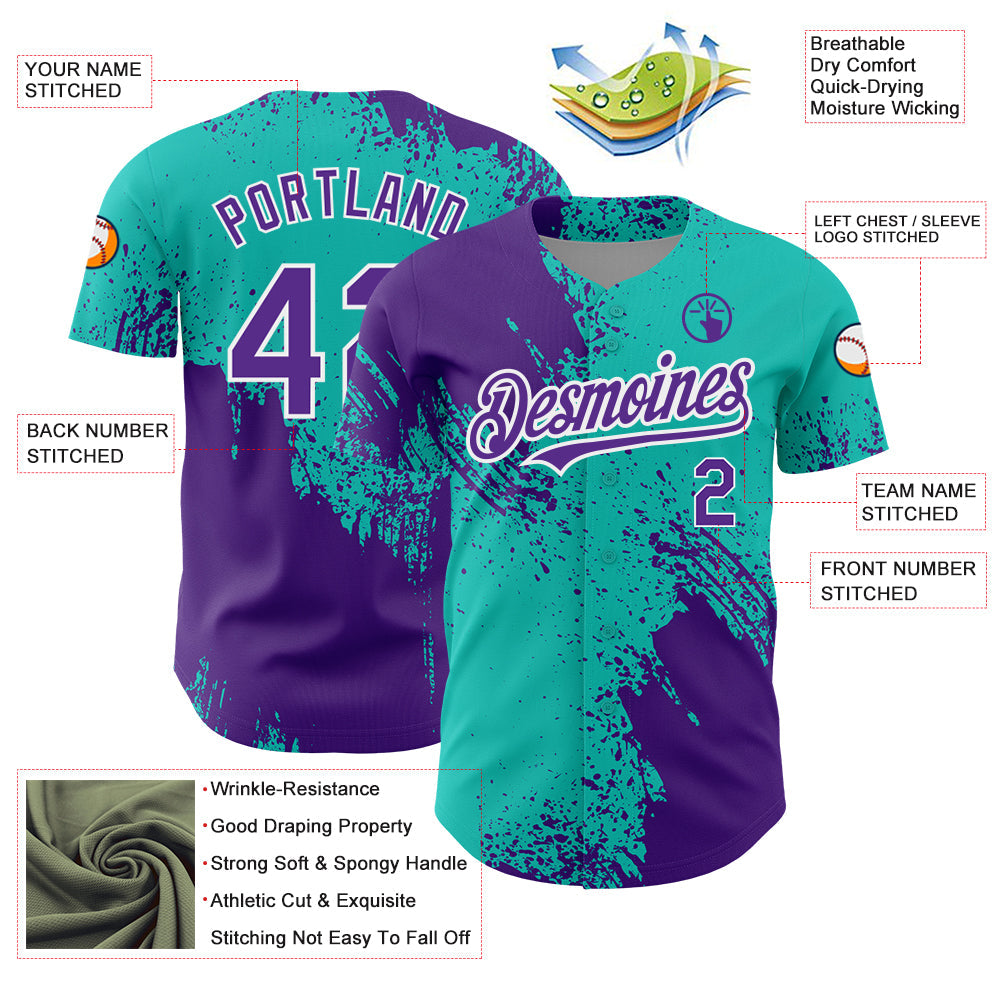 Custom Aqua Purple-White 3D Pattern Design Abstract Brush Stroke Authentic Baseball Jersey baseball jersey product view 3