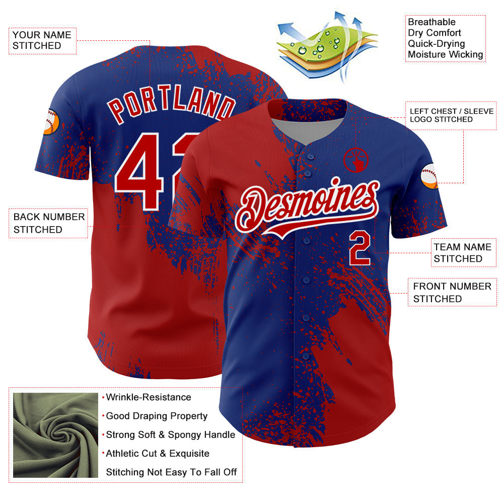 Custom Royal Red-White 3D Pattern Design Abstract Brush Stroke Authentic Baseball Jersey baseball jersey product view 3