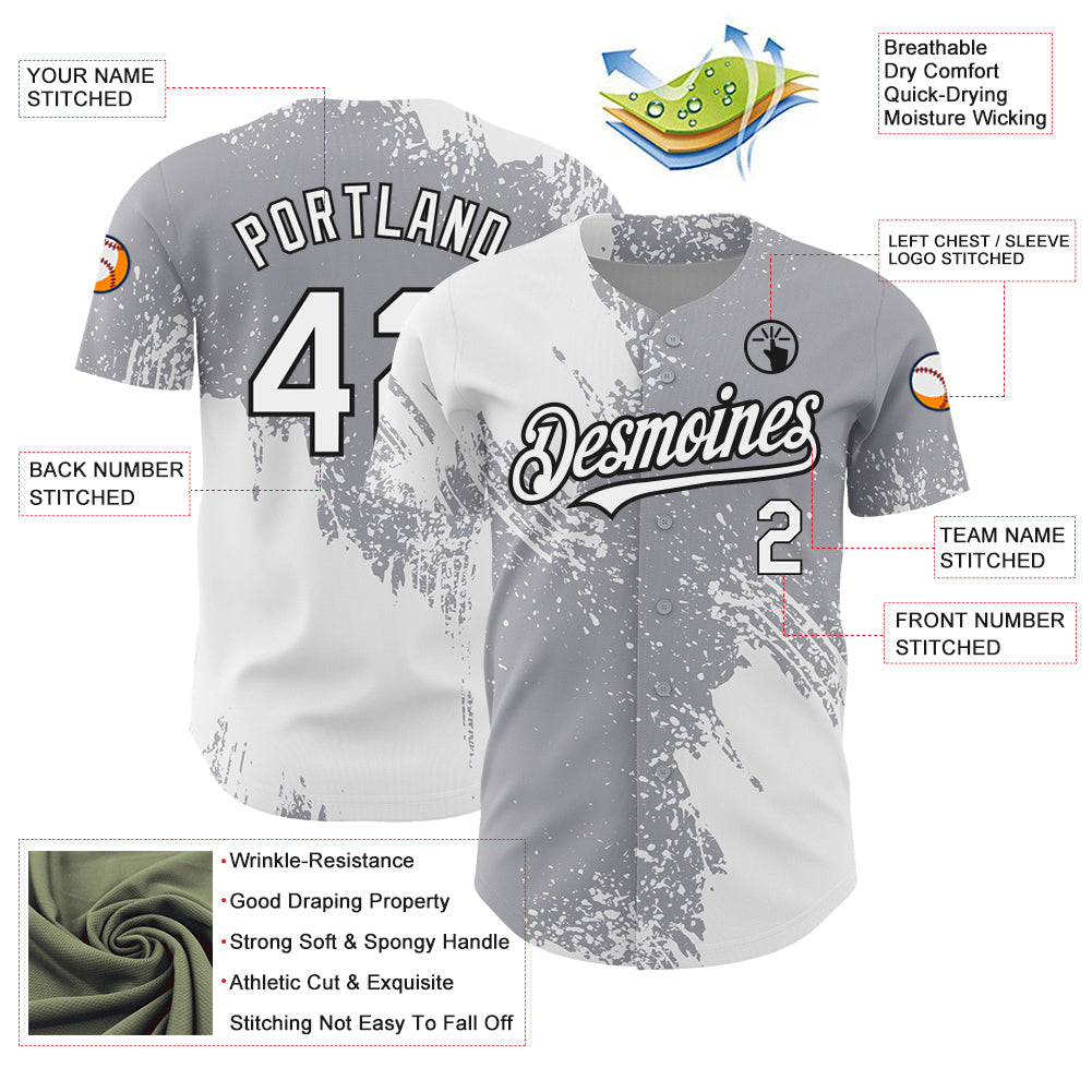 Custom Gray White-Black 3D Pattern Design Abstract Brush Stroke Authentic Baseball Jersey baseball jersey product view 3