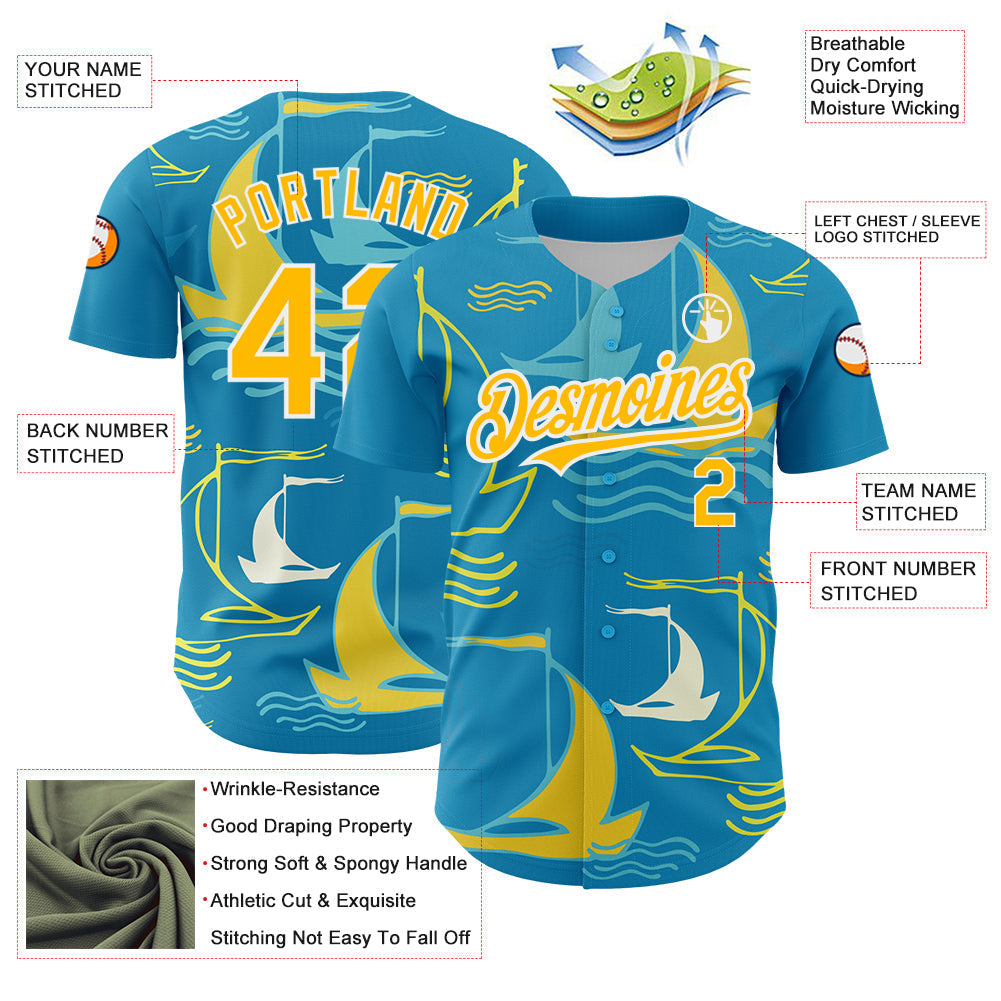 Custom Panther Blue Gold-White 3D Pattern Design Sailing Boats Authentic Baseball Jersey baseball jersey product view 3