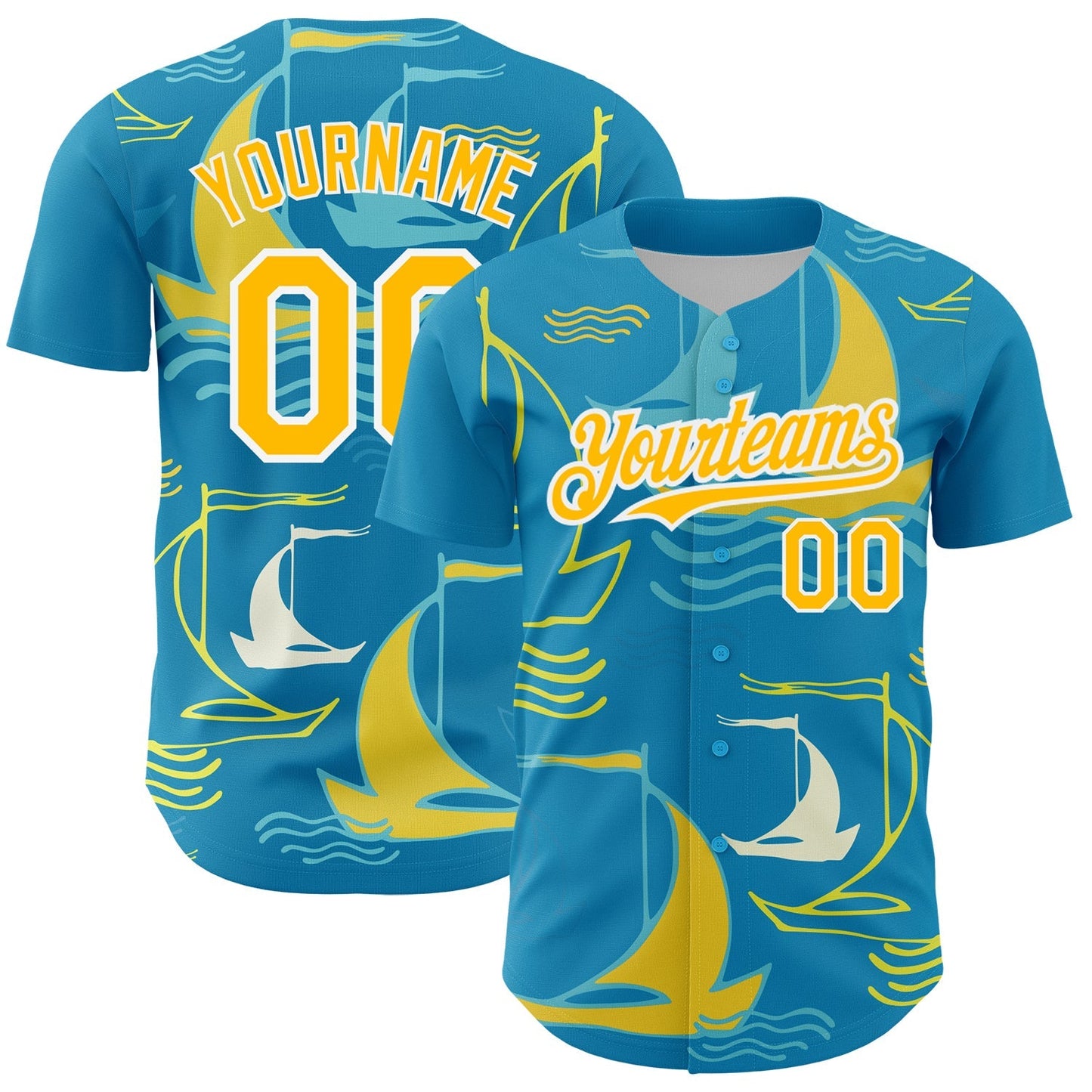 Custom Panther Blue Gold-White 3D Pattern Design Sailing Boats Authentic Baseball Jersey baseball jersey product view 1