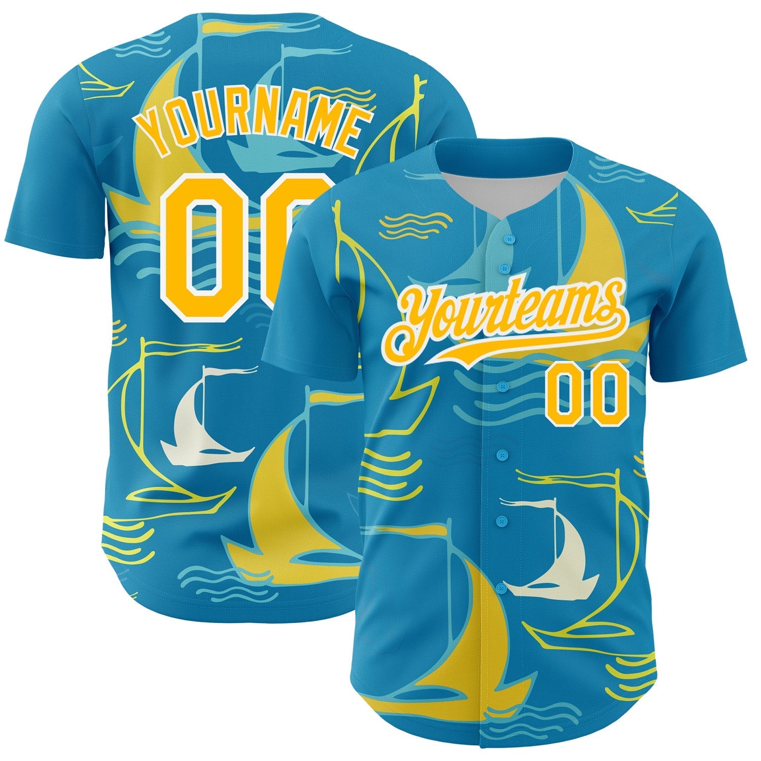 Custom Panther Blue Gold-White 3D Pattern Design Sailing Boats Authentic Baseball Jersey baseball jersey product view 1
