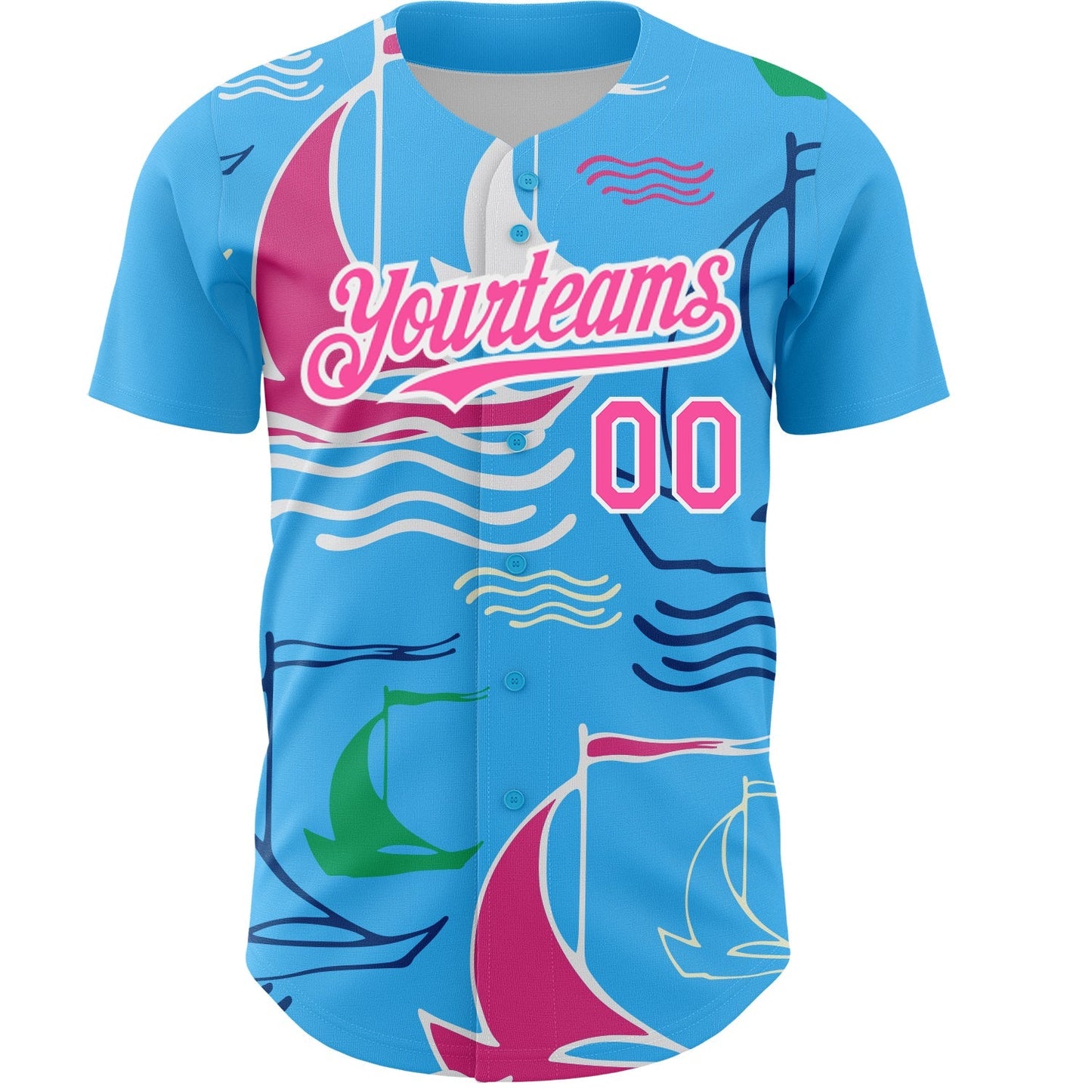 Custom Sky Blue Pink-White 3D Pattern Design Sailing Boats Authentic Baseball Jersey baseball jersey product view 2
