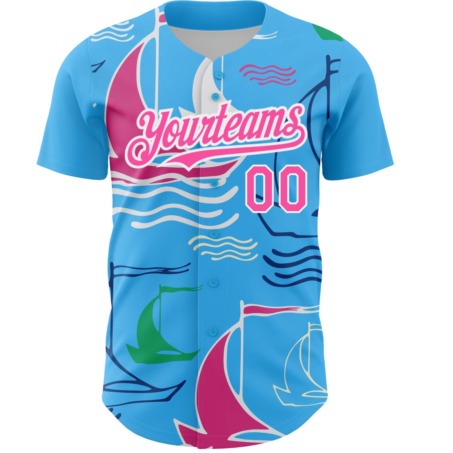 Custom Sky Blue Pink-White 3D Pattern Design Sailing Boats Authentic Baseball Jersey baseball jersey product view 2