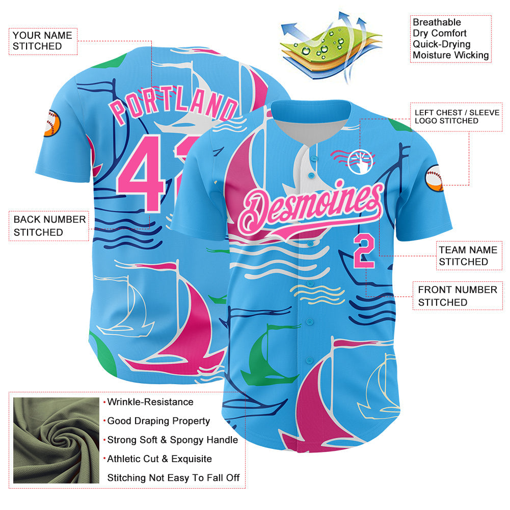 Custom Sky Blue Pink-White 3D Pattern Design Sailing Boats Authentic Baseball Jersey baseball jersey product view 3