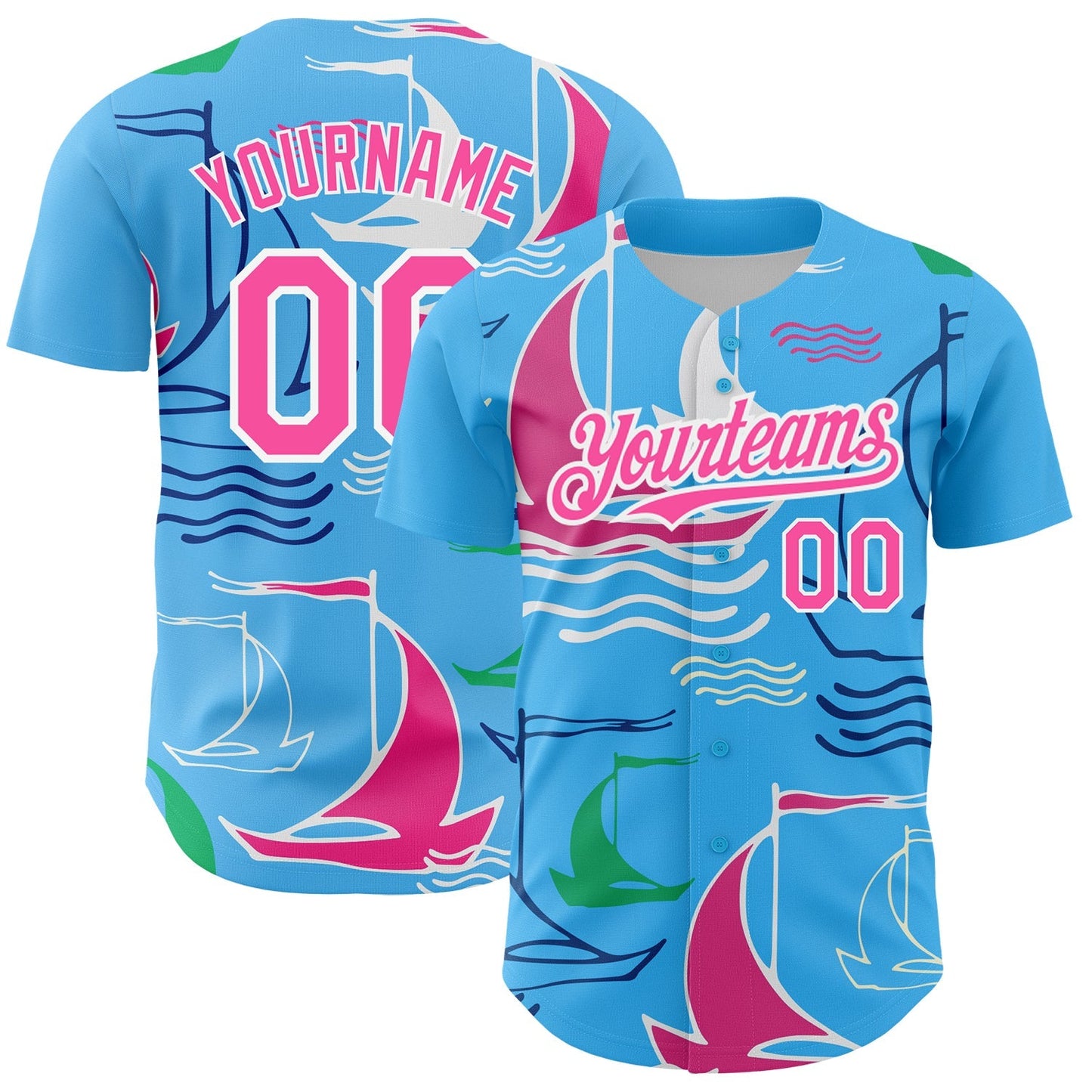 Custom Sky Blue Pink-White 3D Pattern Design Sailing Boats Authentic Baseball Jersey baseball jersey product view 1
