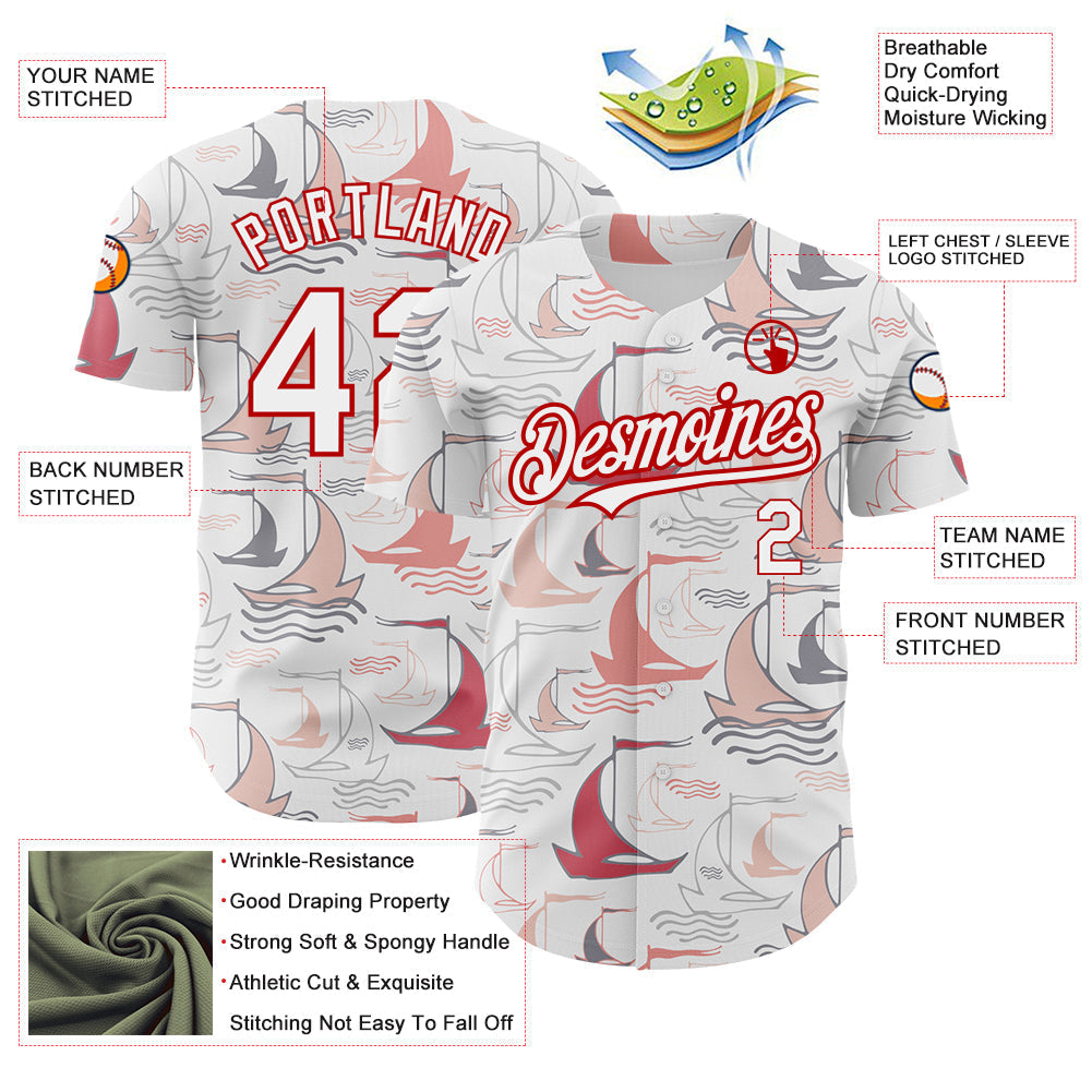 Custom White Red 3D Pattern Design Sailing Boats Authentic Baseball Jersey baseball jersey product view 3