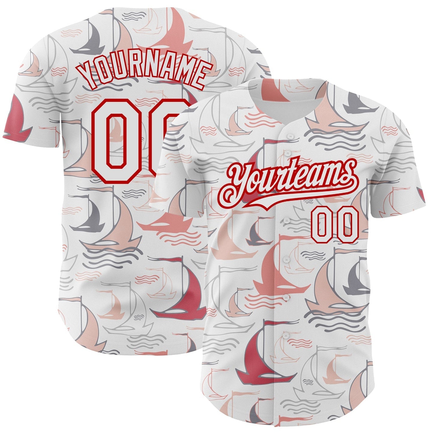 Custom White Red 3D Pattern Design Sailing Boats Authentic Baseball Jersey baseball jersey product view 1