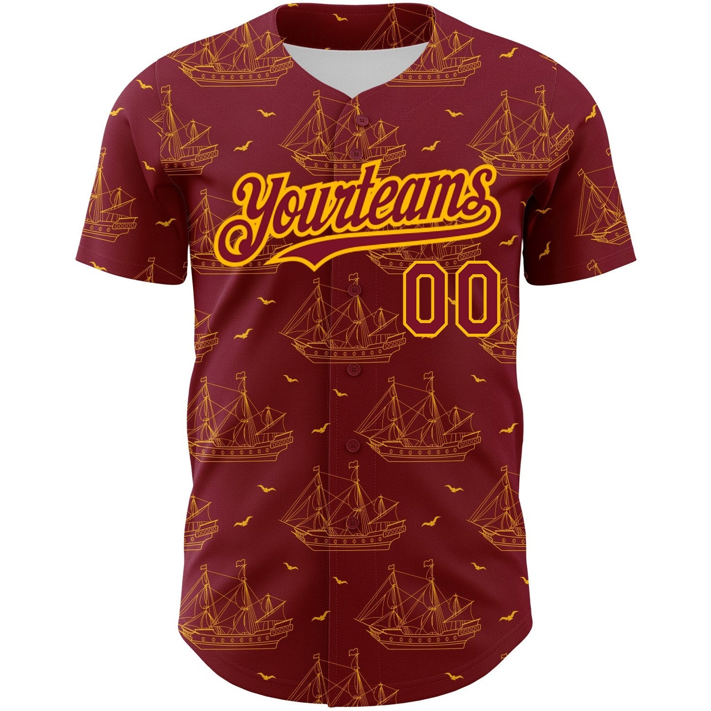 Custom Crimson Gold 3D Pattern Design Ship Frigate With Seagulls Authentic Baseball Jersey baseball jersey product view 2