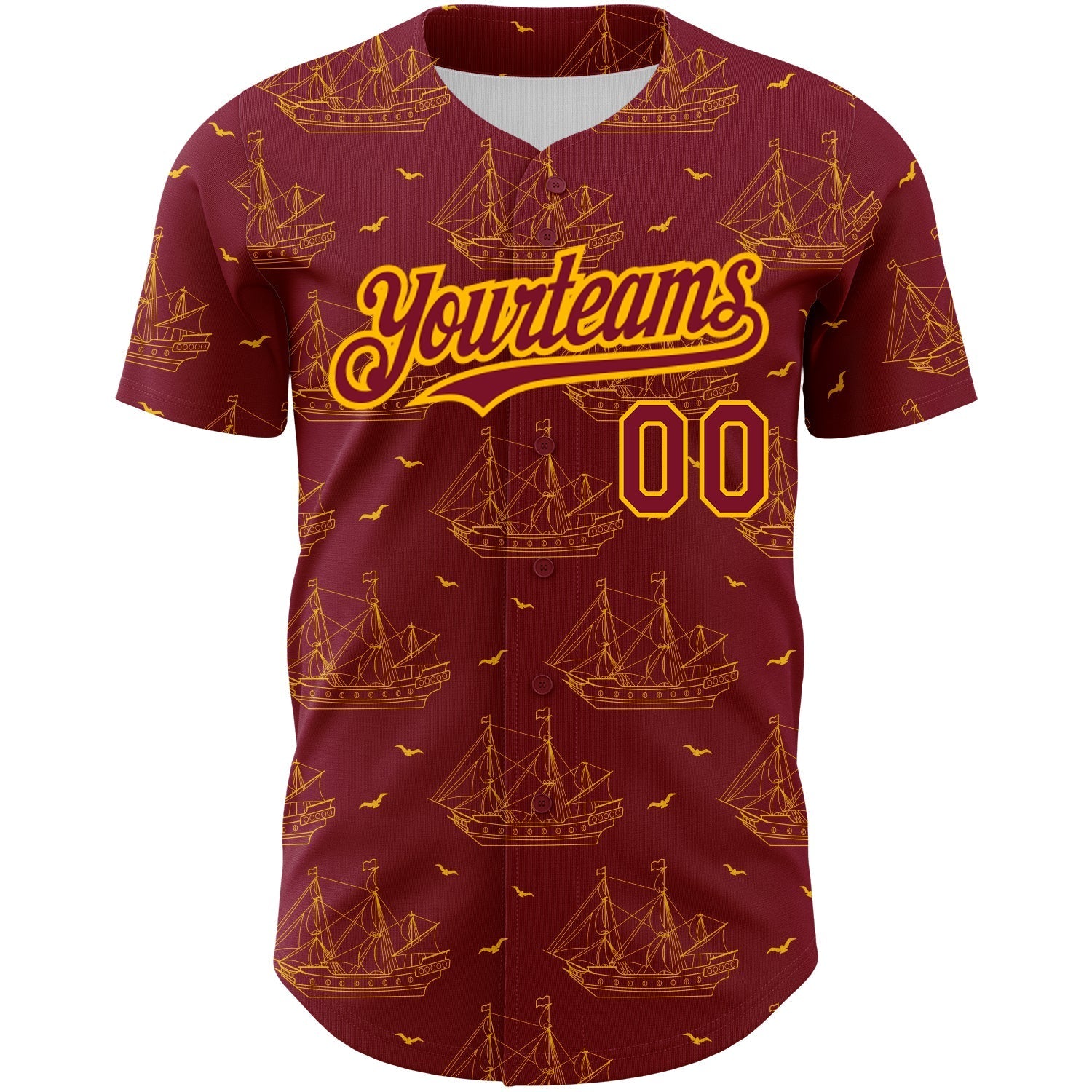 Custom Crimson Gold 3D Pattern Design Ship Frigate With Seagulls Authentic Baseball Jersey baseball jersey product view 2