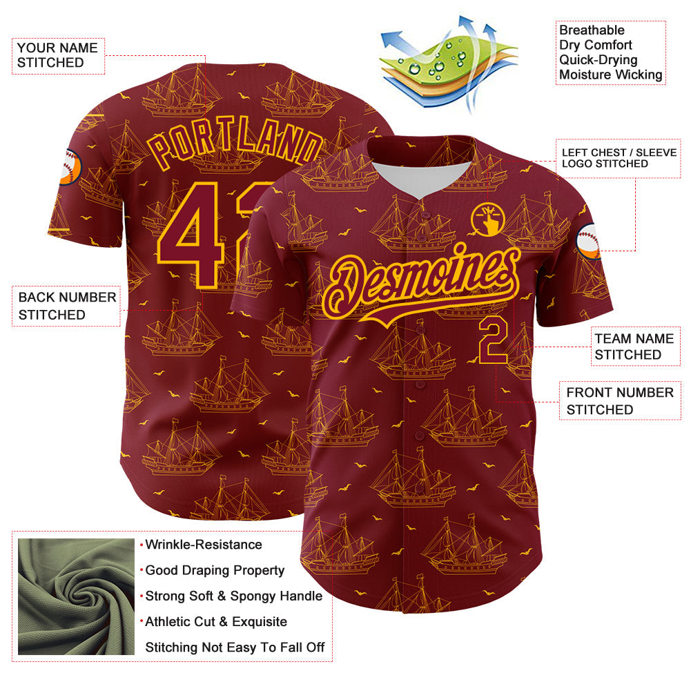 Custom Crimson Gold 3D Pattern Design Ship Frigate With Seagulls Authentic Baseball Jersey baseball jersey product view 3