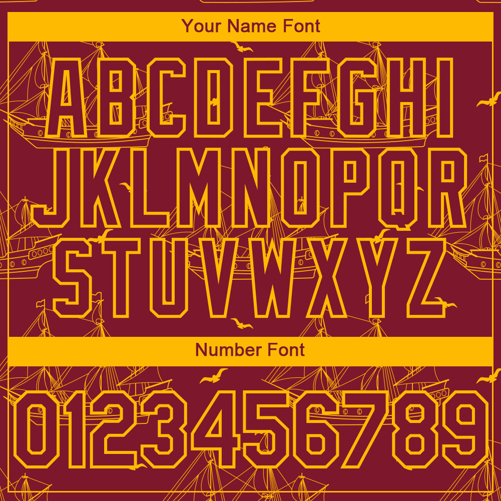 Custom Crimson Gold 3D Pattern Design Ship Frigate With Seagulls Authentic Baseball Jersey baseball jersey product view 5