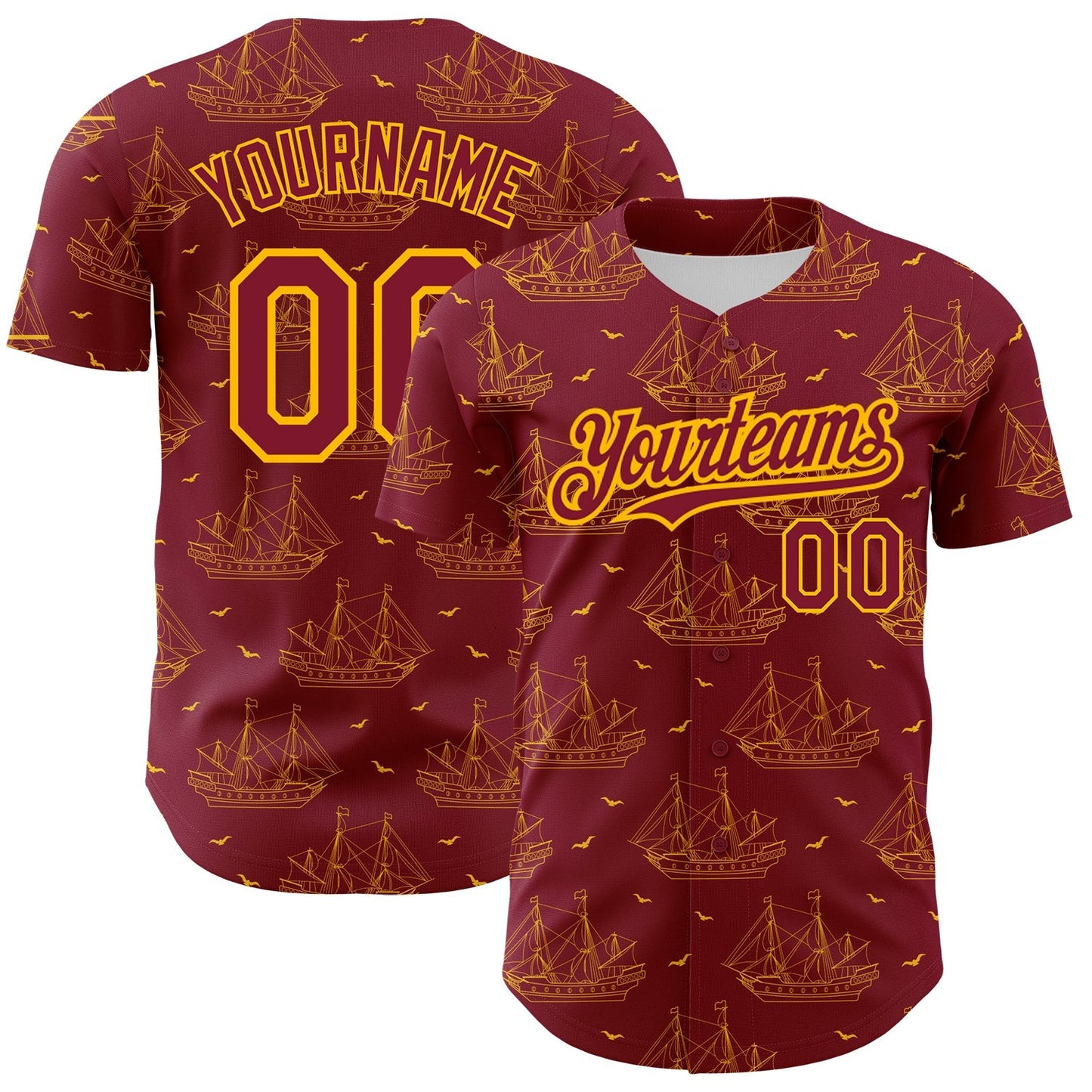 Custom Crimson Gold 3D Pattern Design Ship Frigate With Seagulls Authentic Baseball Jersey baseball jersey product view 1