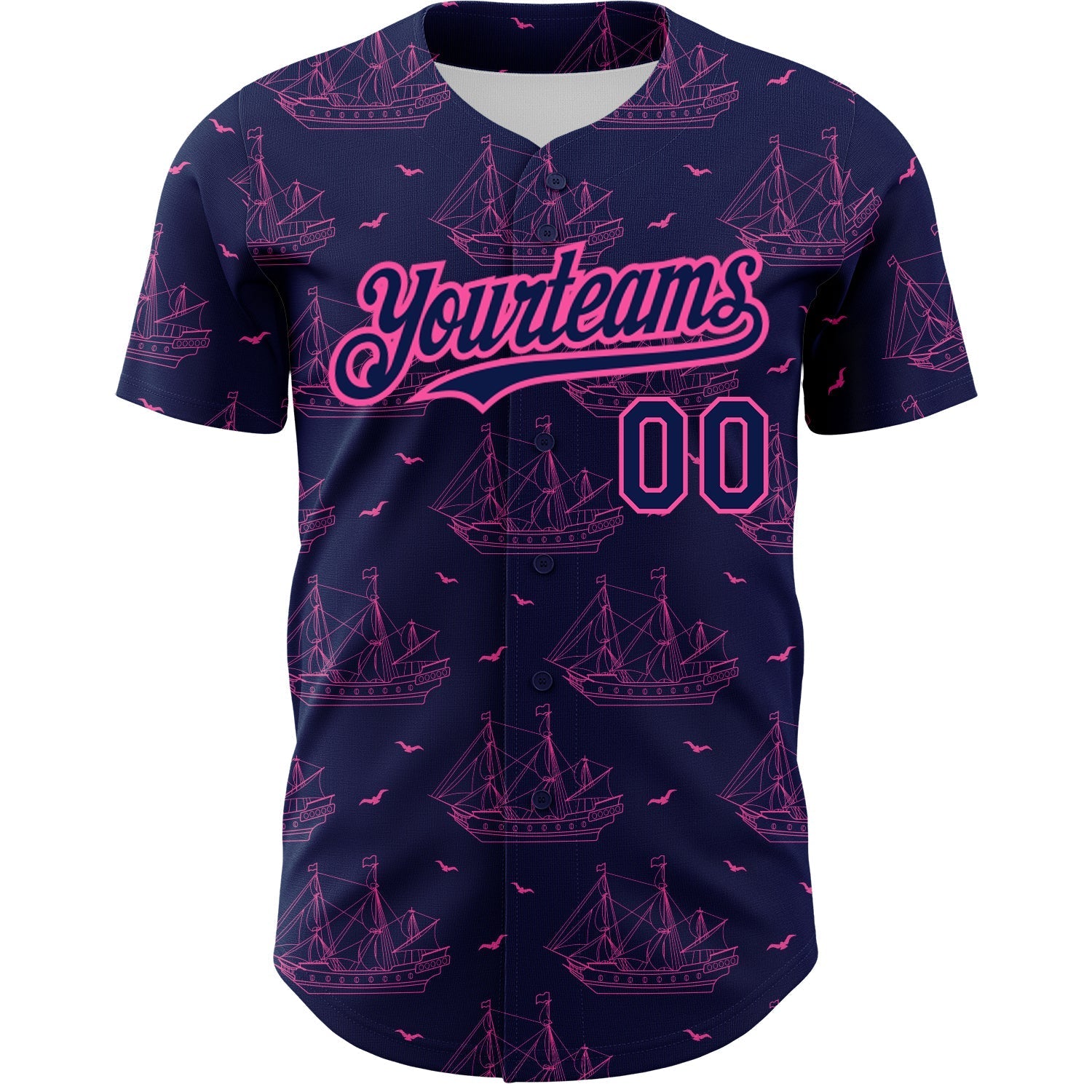 Custom Navy Pink 3D Pattern Design Ship Frigate With Seagulls Authentic Baseball Jersey baseball jersey product view 2
