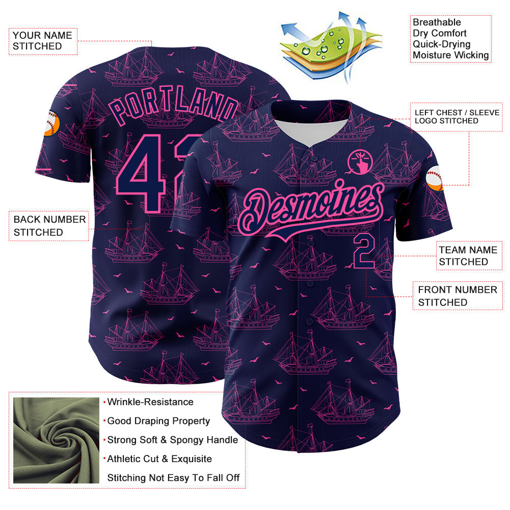 Custom Navy Pink 3D Pattern Design Ship Frigate With Seagulls Authentic Baseball Jersey baseball jersey product view 3
