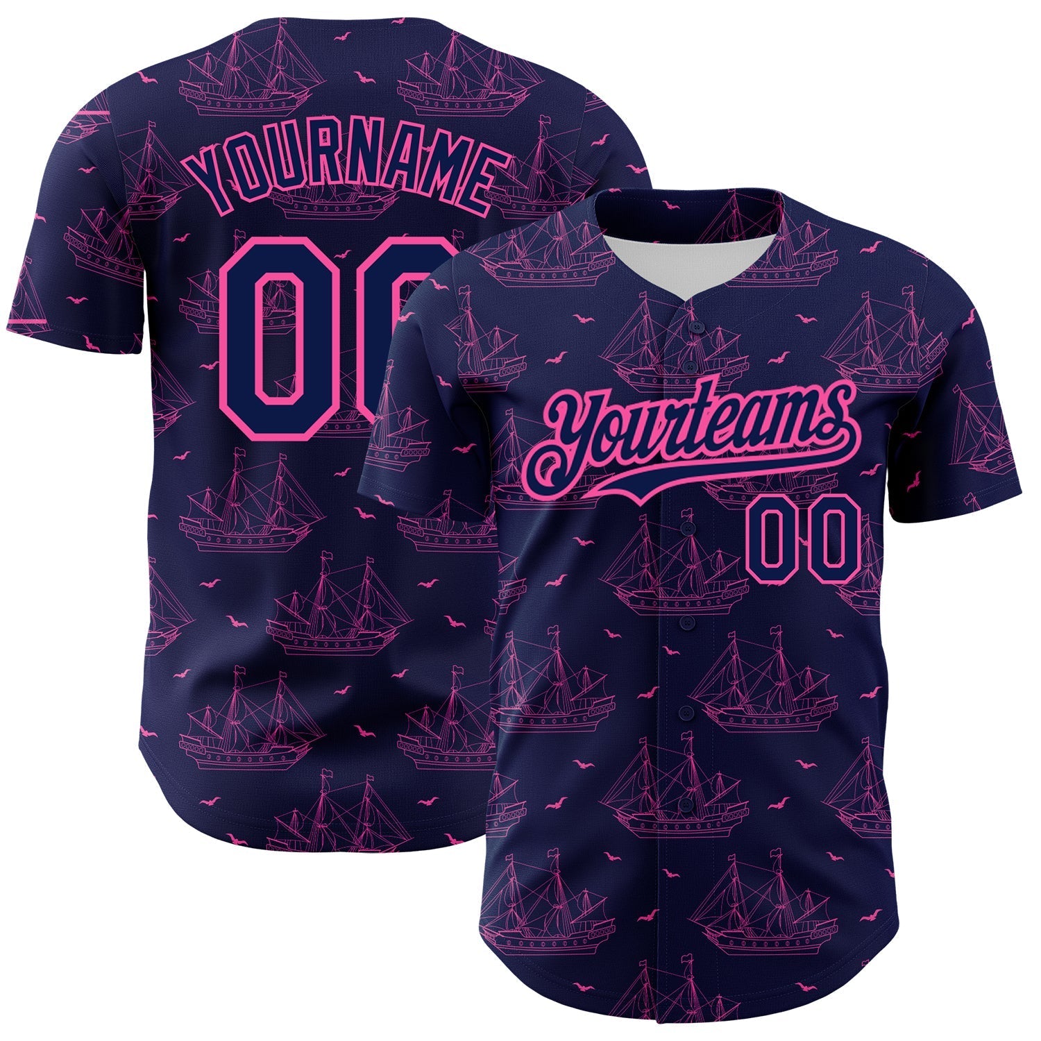 Custom Navy Pink 3D Pattern Design Ship Frigate With Seagulls Authentic Baseball Jersey baseball jersey product view 1