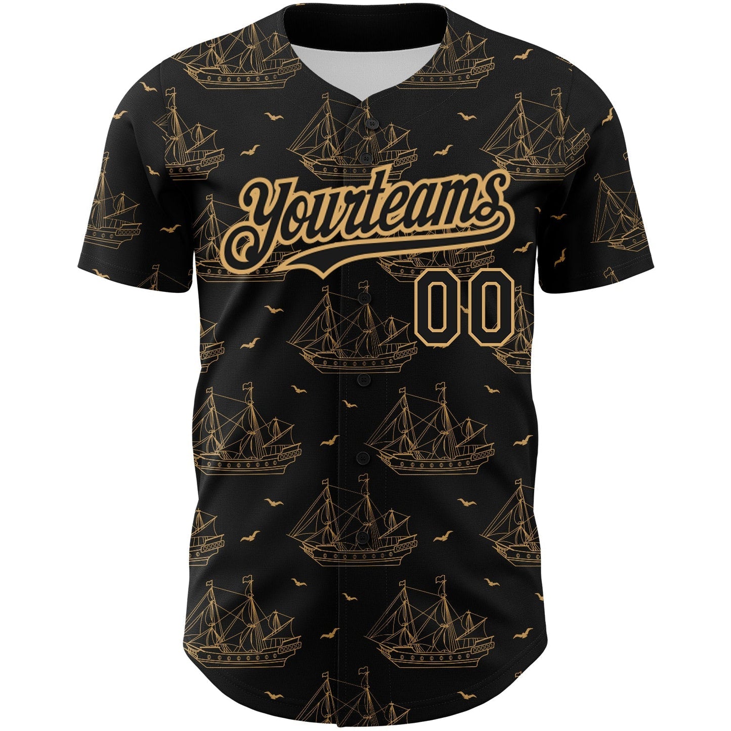 Custom Black Old Gold 3D Pattern Design Ship Frigate With Seagulls Authentic Baseball Jersey baseball jersey product view 2
