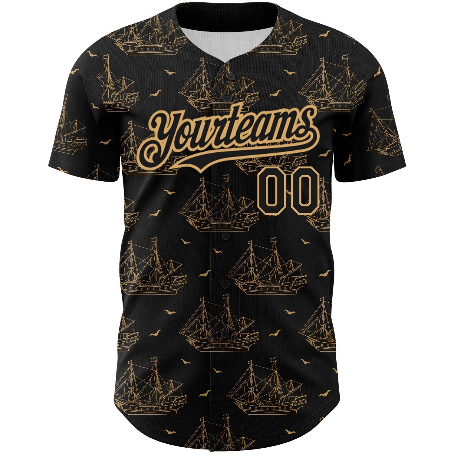 Custom Black Old Gold 3D Pattern Design Ship Frigate With Seagulls Authentic Baseball Jersey baseball jersey product view 2