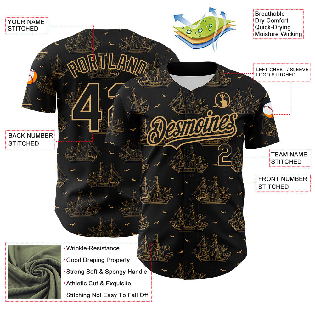 Custom Black Old Gold 3D Pattern Design Ship Frigate With Seagulls Authentic Baseball Jersey baseball jersey product view 3