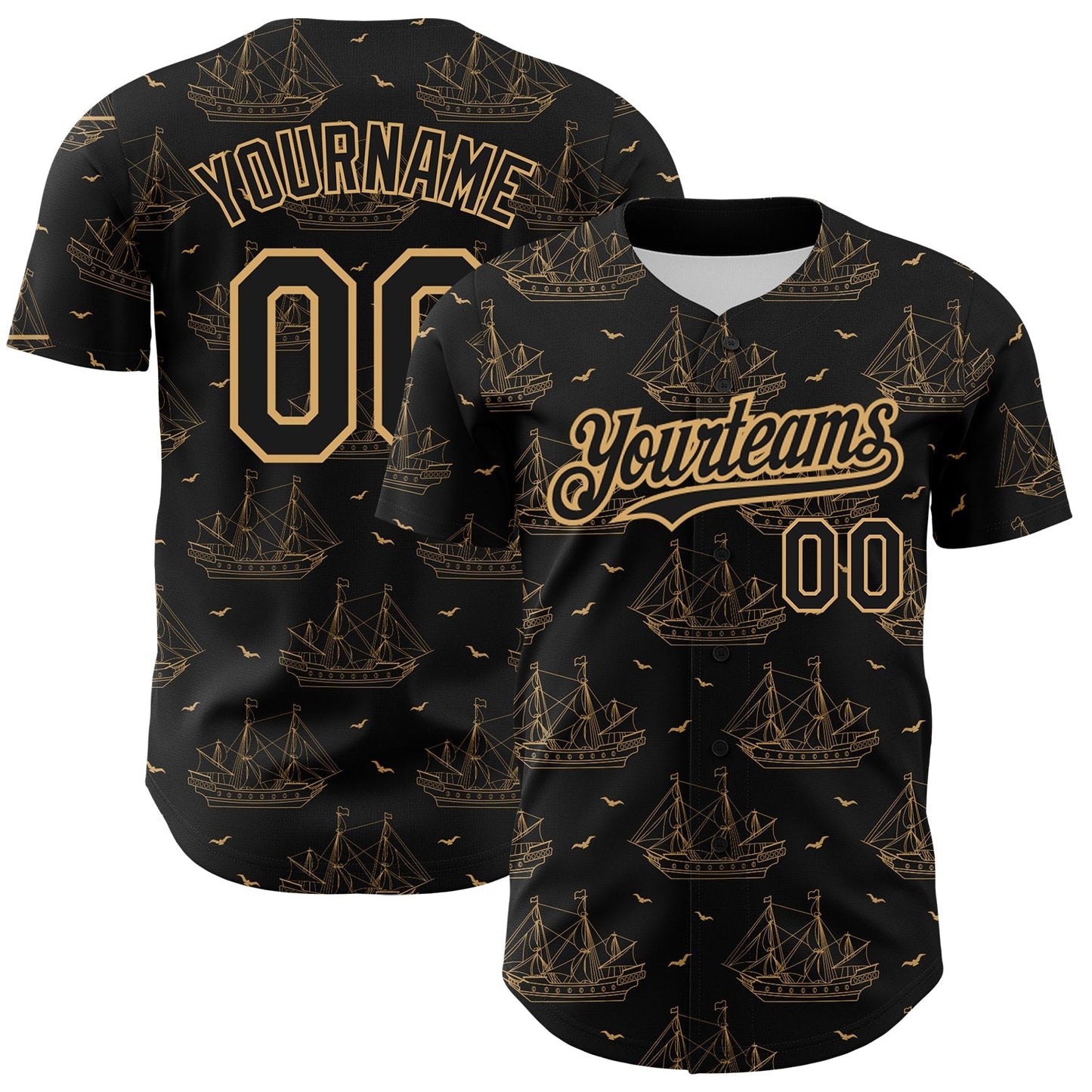 Custom Black Old Gold 3D Pattern Design Ship Frigate With Seagulls Authentic Baseball Jersey baseball jersey product view 1