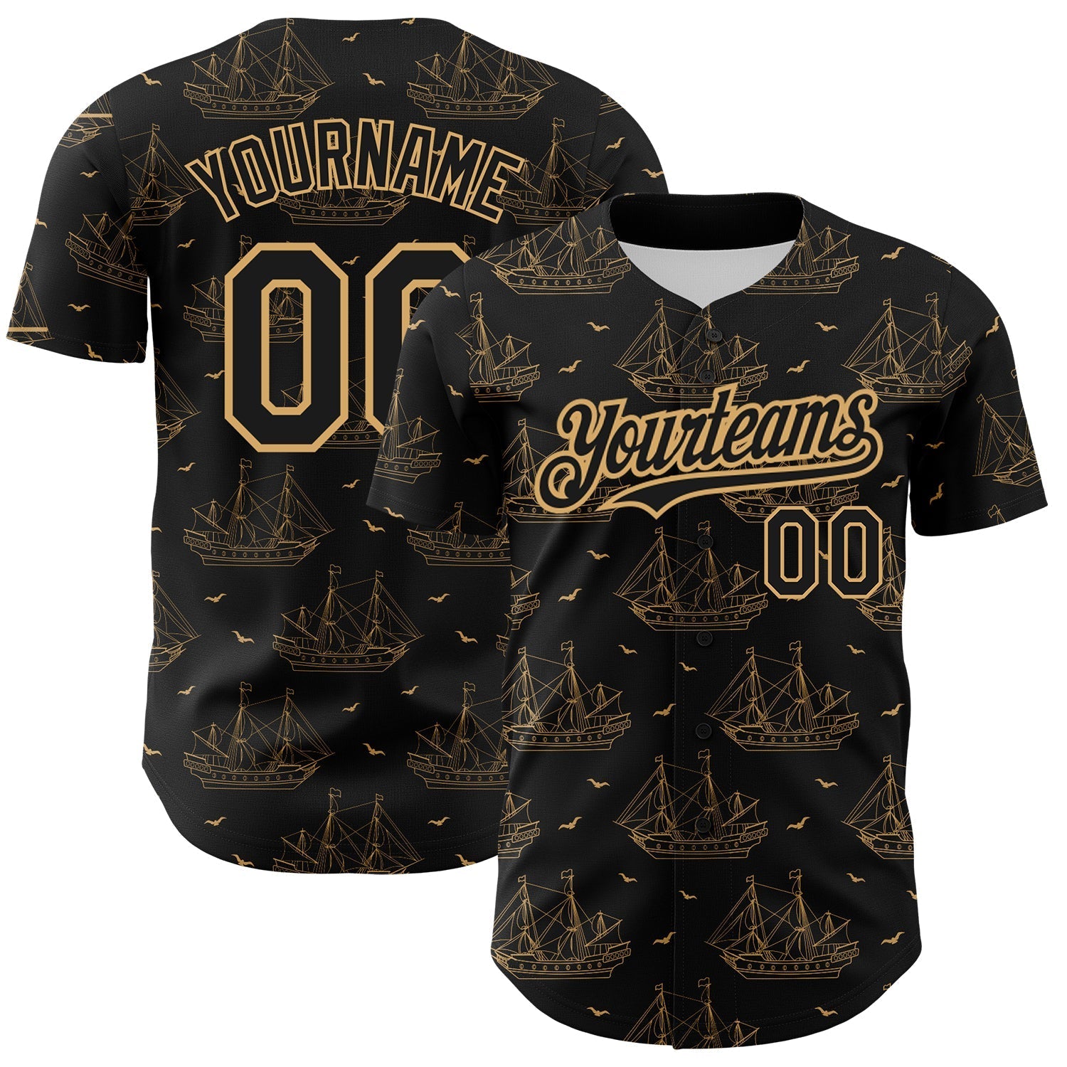 Custom Black Old Gold 3D Pattern Design Ship Frigate With Seagulls Authentic Baseball Jersey baseball jersey product view 1