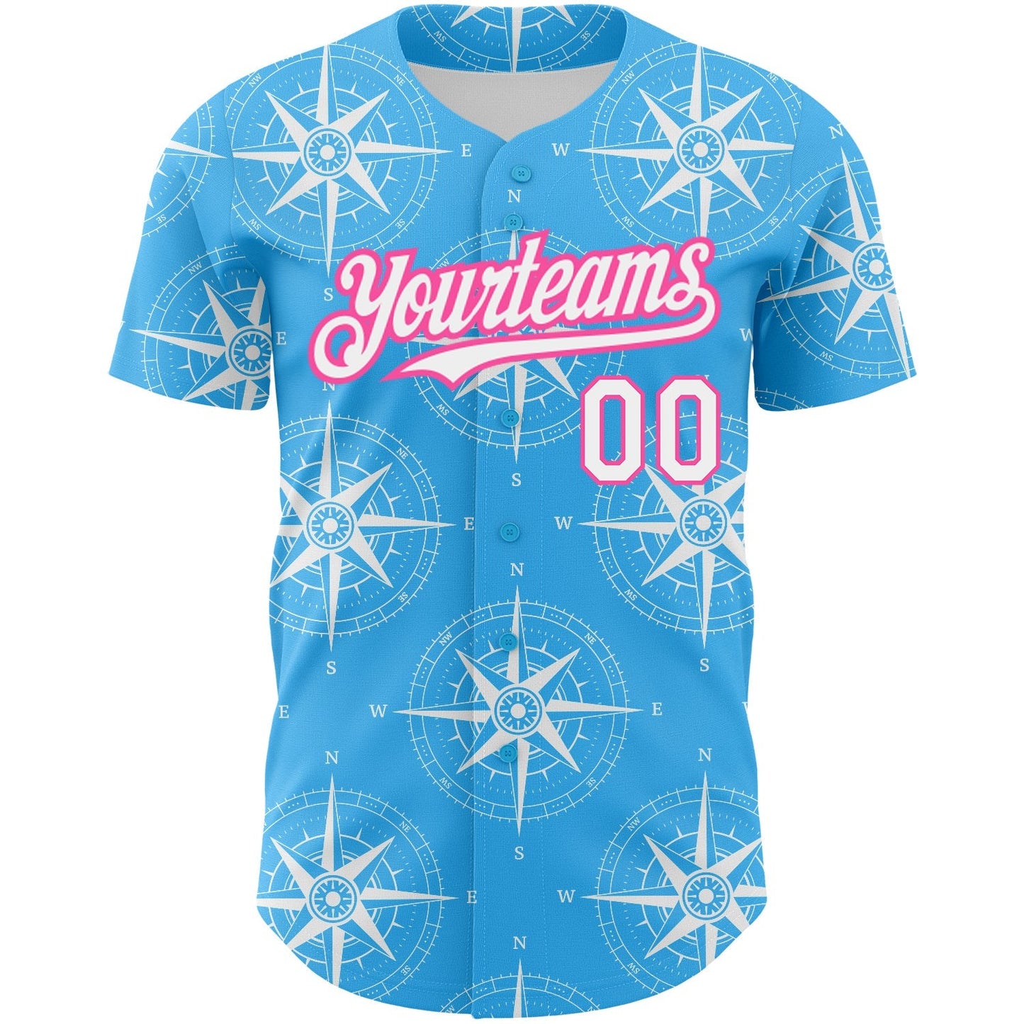 Custom Sky Blue White-Pink 3D Pattern Design Navigation Compass Authentic Baseball Jersey baseball jersey product view 2